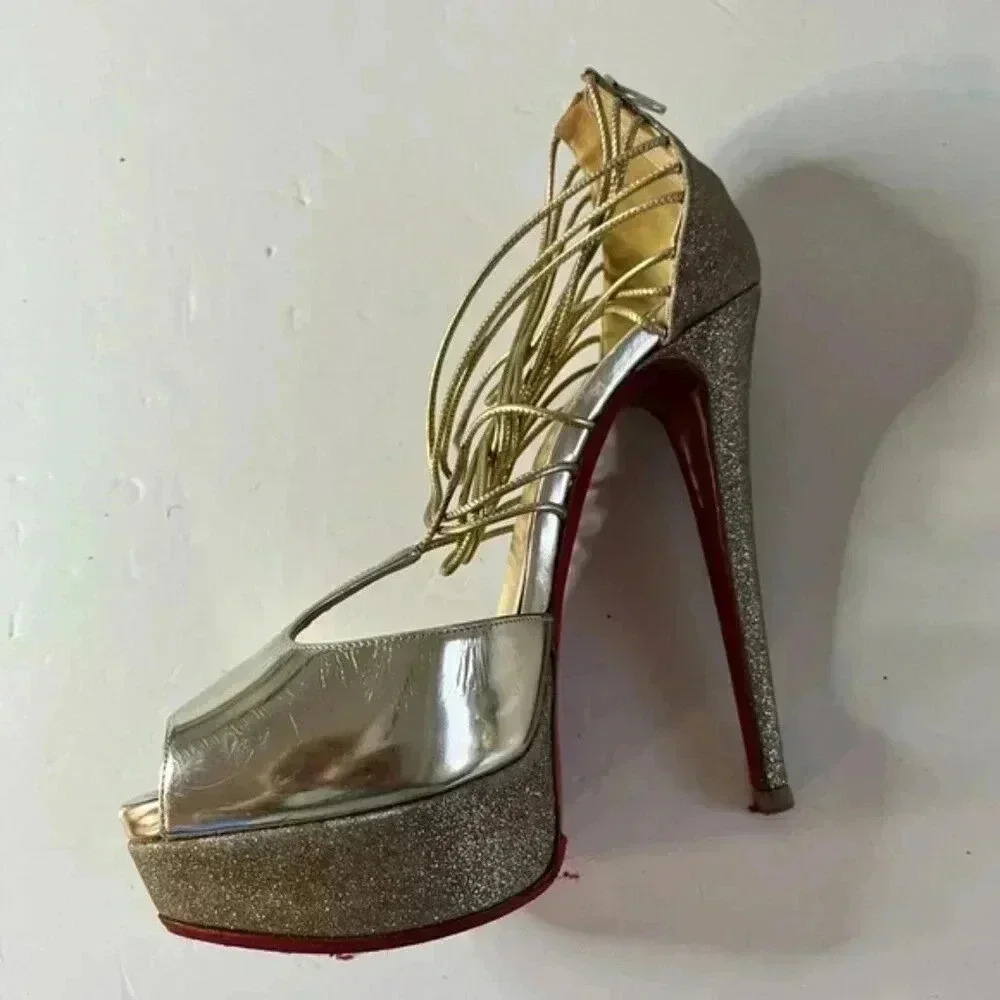 Christian Louboutin Lady Peep Gold Glitter Platform Heels Women’s EU 36 - Picture 11 of 15